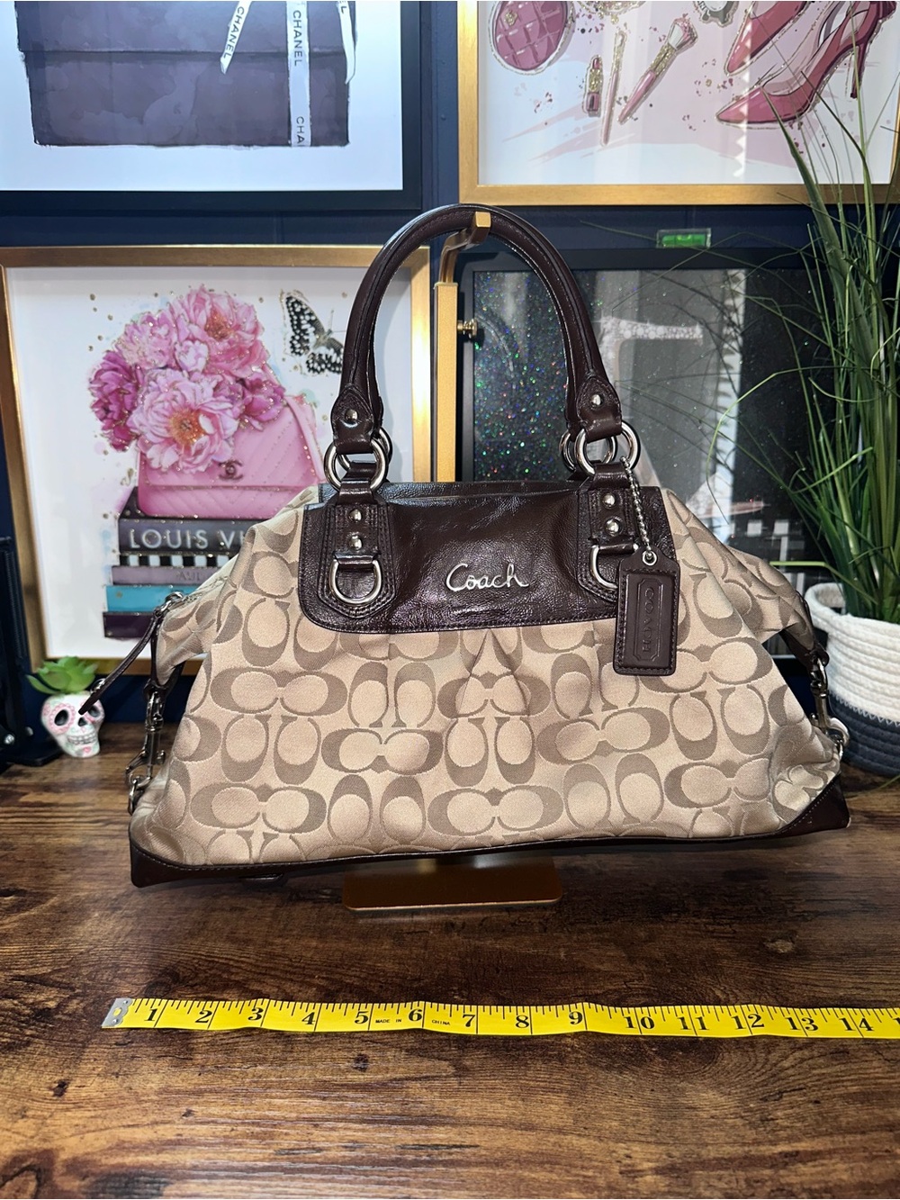 2011 Coach Signature Ashley Shoulder Satchel with Dark Brown Leather Trim